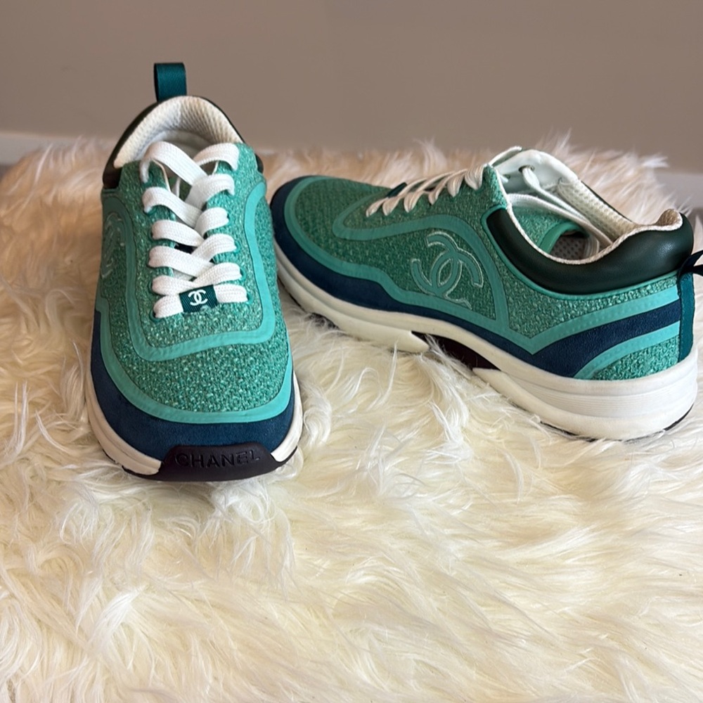 CHANEL Green and White Sneakers